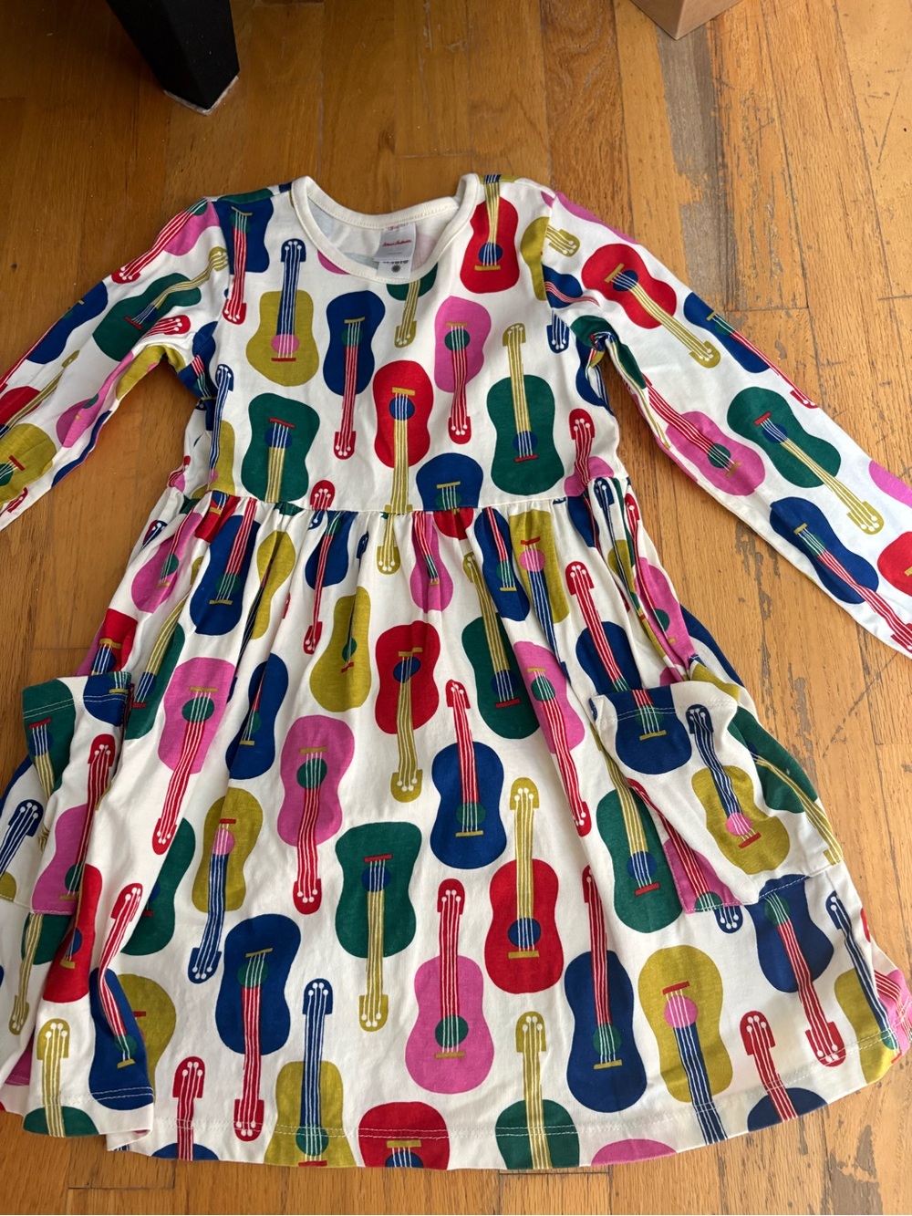 Hanna Andersson White Long-Sleeve Dress with Multicolor Guitar Print